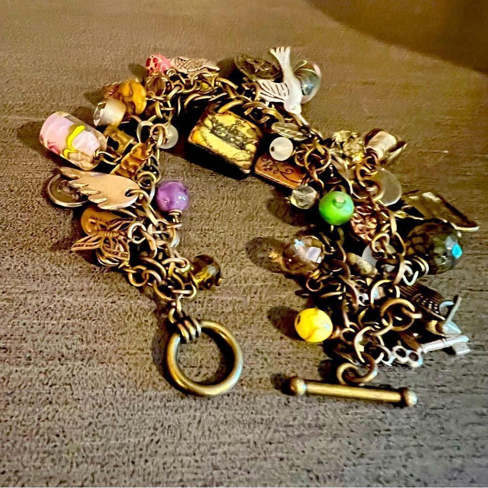 Loaded Multi-Color Charm Bracelet/beads/Brass/Silver W/Toggle - Picture 8 of 12